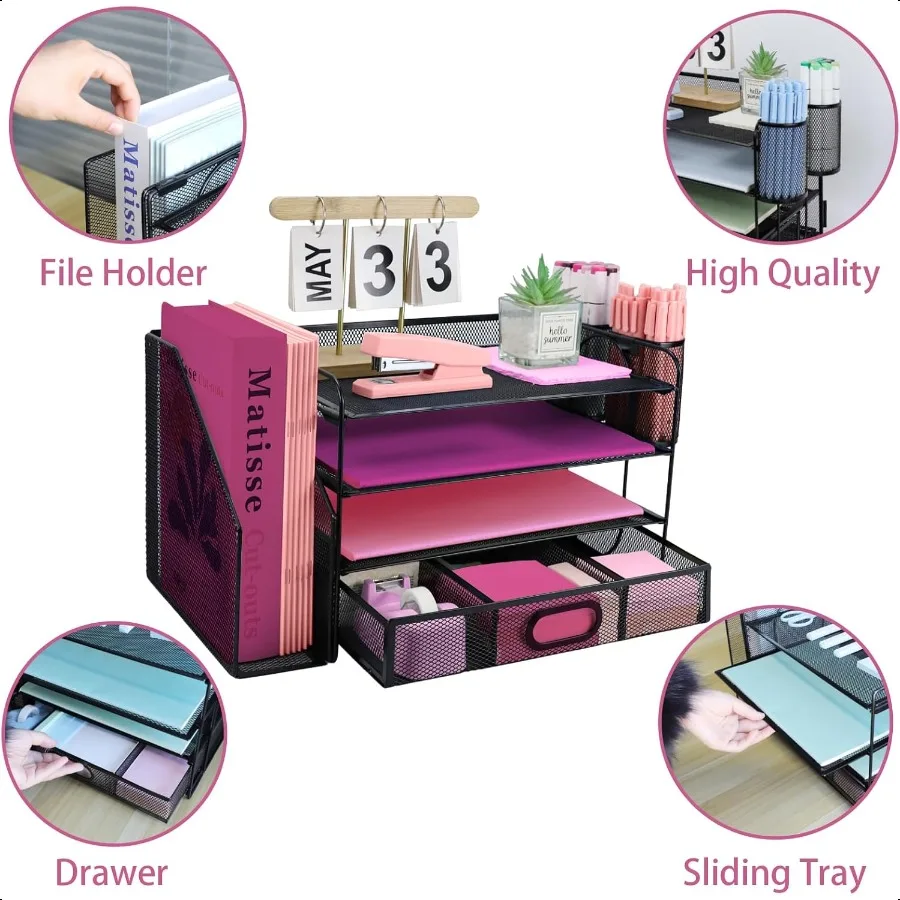 Настольные органайзеры и аксессуары с держателем для файлов. 4-уровневый органайзер для бумажных лотков для писем с выдвижным ящиком и 2 держателями для ручек. Сетчатый настольный органайзер.