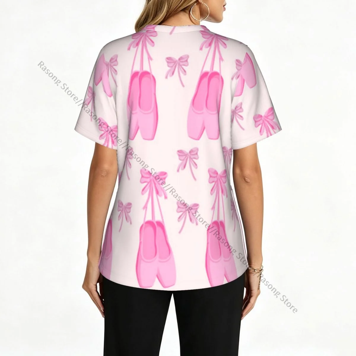 Pink Pointer Shoes And Bows Scrubs Medical Uniforms Women V Neck Short Sleeve Tunic Scrubs Tops Nursing Surgical Uniforms