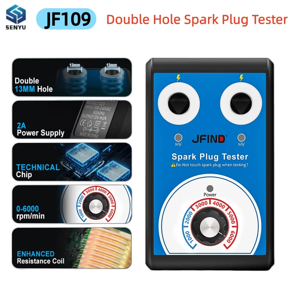 High Quality JFIND JF109 Dual Hole Spark Plug Tester 110V 220V to 12V Auto Ignition Analyzer Diagnostic Tool for Car Motorcycle