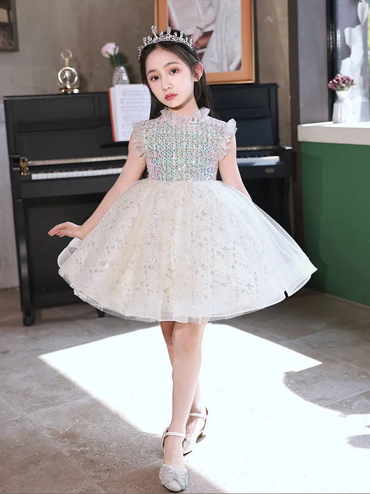 1-8 Years Old Flower Girls Formal Dress Luxury Sleeveless Falbala Ball Gowns Speech Show Performance Kids Tulle Princess Dresses