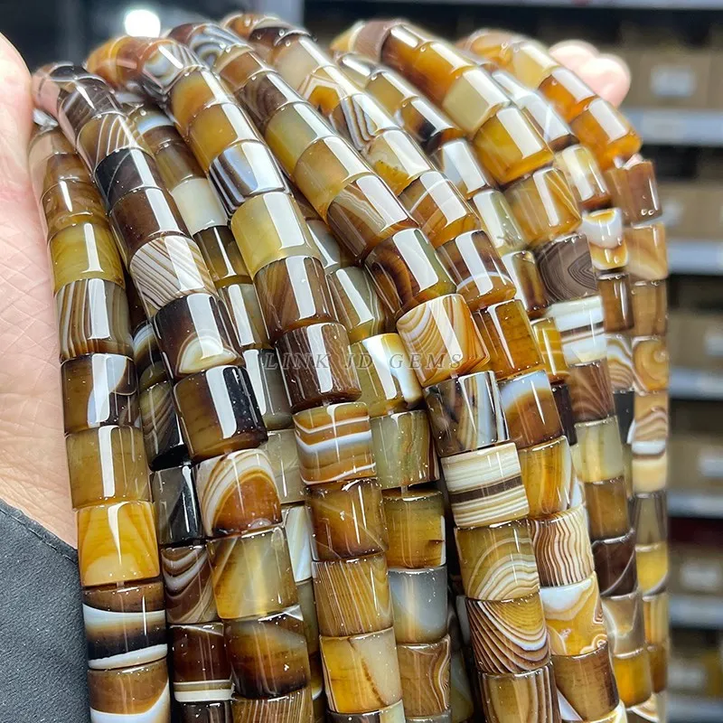 12*12mm Natural Coffee Stripe Agate Cylindrical Shape Bead Round Loose Spacer Beads For Jewelry Making Diy Bracelet Accessories