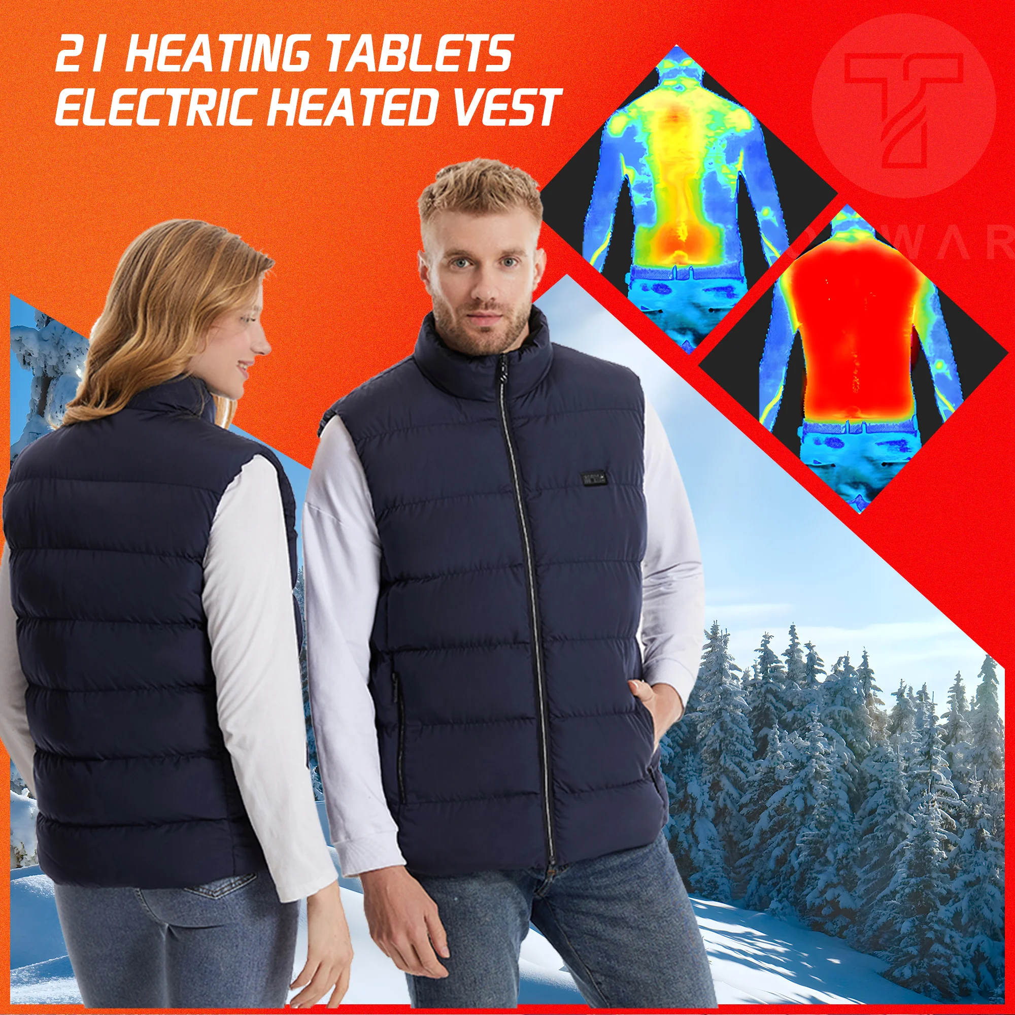 TODWARM 21 Areas Heated Vest Men Women's Warm Vest USB Men's Heating Jacket Winter Heated Vest Ski Clothing Hiking Coat Heated