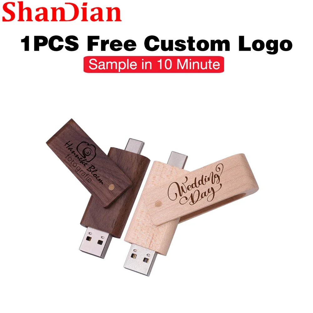 

SHANDIAN Maple Wood Type-c 256GB USB 2.0 128G Rotate Flash Drive 64GB Free Custom LOGO Memory Stick Wedding Photography Pendrive