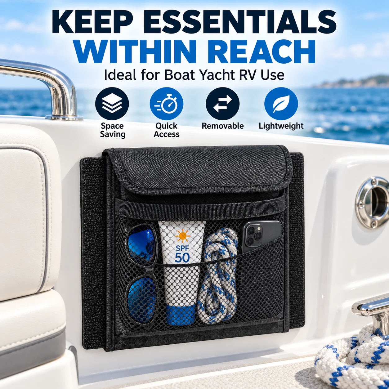 Mesh Bag Boat Storage Self Adhesive Lightweight Marine Organizer Holder Easy Install Removable for Boat Yacht RV Accessories Use