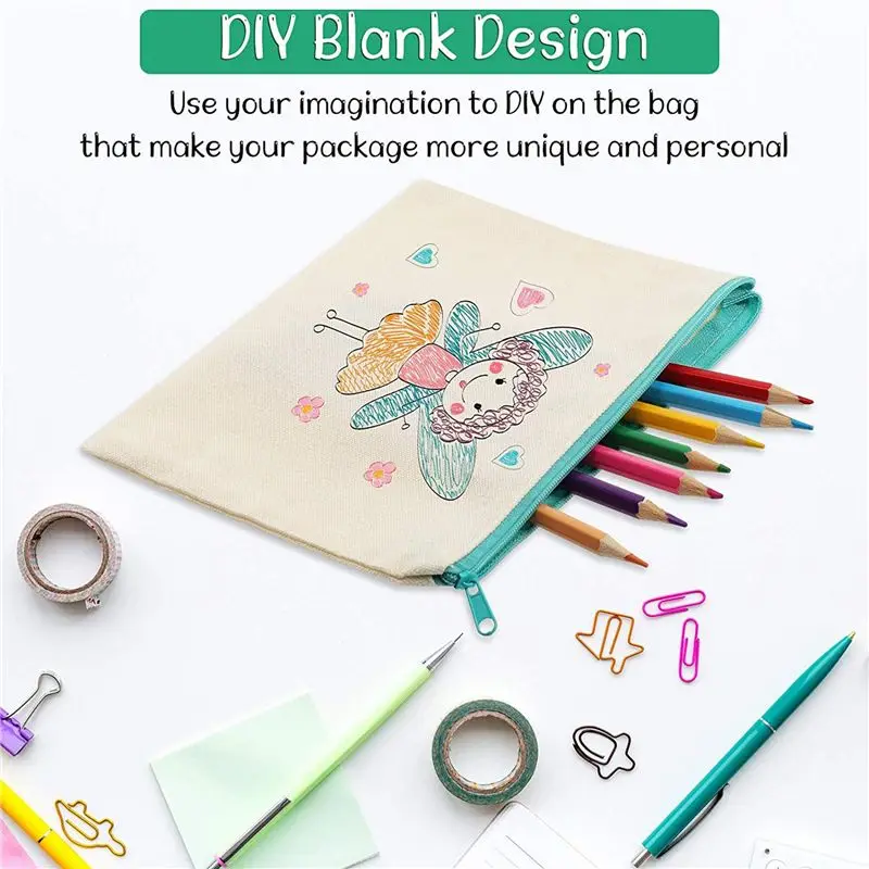Exquisite-80 Pcs Canvas Zipper Bags Pencil Pouch Makeup Bags Blank Canvas Pencil Case Cosmetic Bag For Travel DIY Craft School (