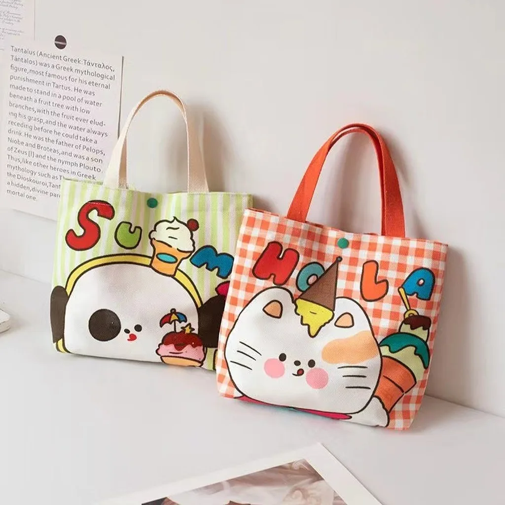 Cute Canvas Shopping Bag Plaid Pattern Happy Birthday Handbag Portable Reusable Bento Bag Cartoon Student Casual Storage Bag