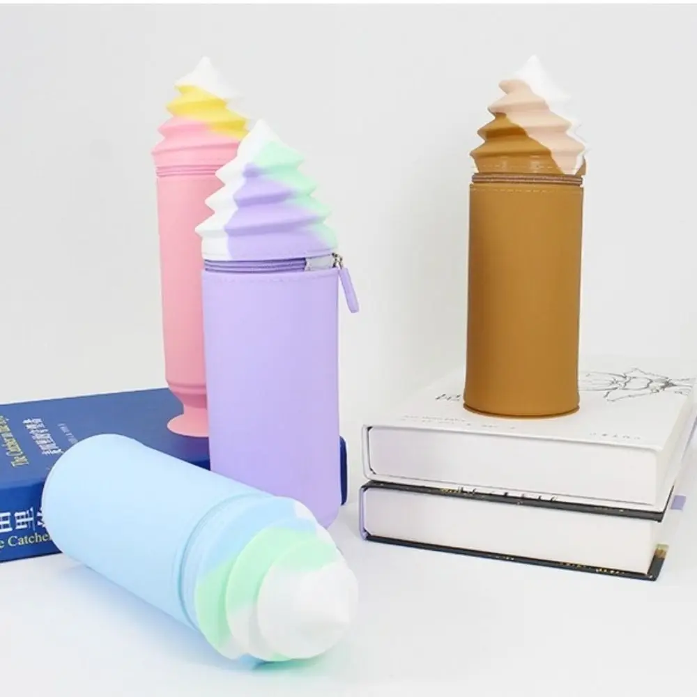 

Practical Suction Cup Pen Holder Silicone Cute Ice Cream Pencil Bag Cartoon Multi-purpose Stationery Organizer Case Office