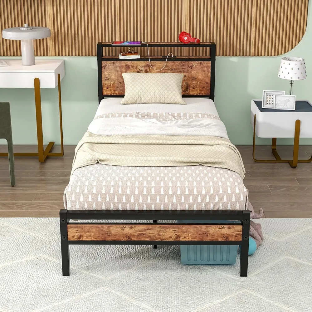 

Single Bed Frame, No Mattress Spring Required, with Storage Headboard, USB Charging Station, Bedroom Furniture, Metal Bed Frame