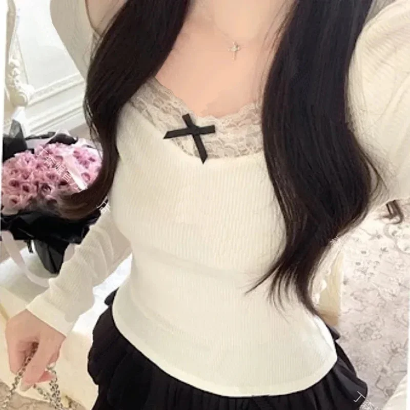 المرأة طويلة الأكمام قمم المحاصيل الدانتيل خليط ، المحملات النسائية ، الدافئة ، الحلو نمط Preppy ، أنيقة ، الأزياء الكورية ، الخريف ، الشتاء ، جديدة