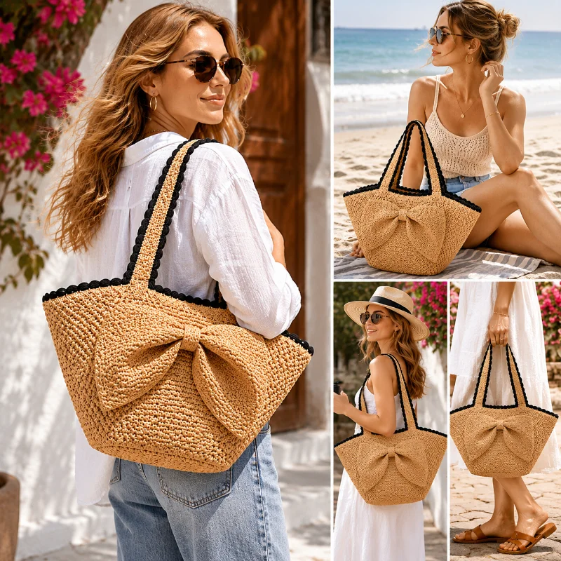 Women Japanese Summer Raffia Bow Crochet Handmade Straw Tote Bag Beach Vacation Shoulder Handbag