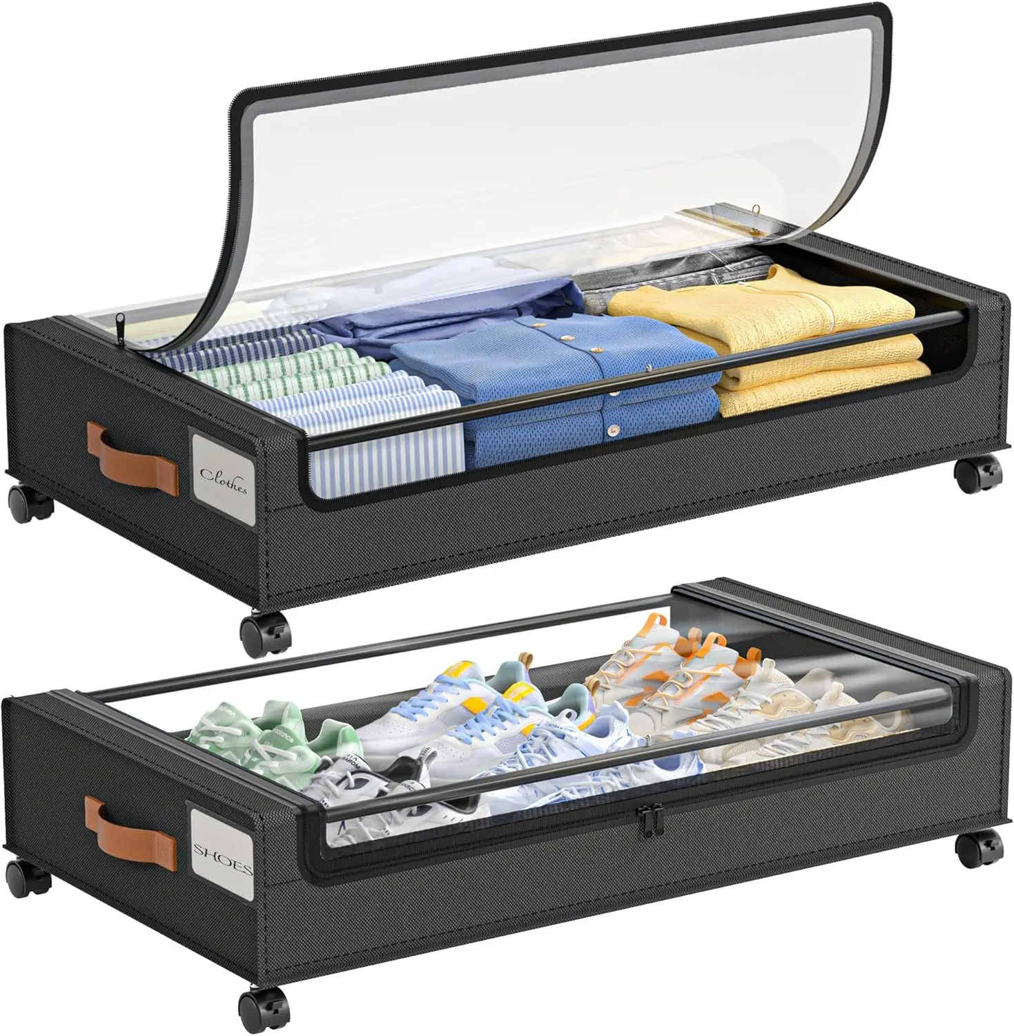 

2 Pack Under-Bed Storage Bins with Wheels, 60L Large Capacity, Clear Lid, Handles, Black