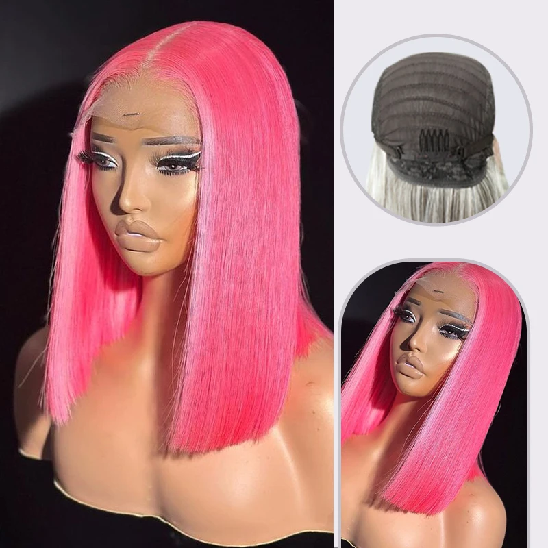 Cabelo sintético rosa bob peruca 13x4 curto bob laço frontal perucas 180% brasileiro remy osso em linha reta cor rosa bob peruca de renda para mulher