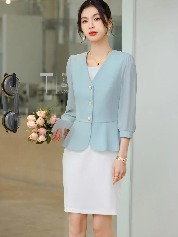 Women Formal 2 Pieces Set 2024 New Fashion Lantern Sleeve Jacket + White Dress Suit Office Ladies Business Blazers Skirt Set