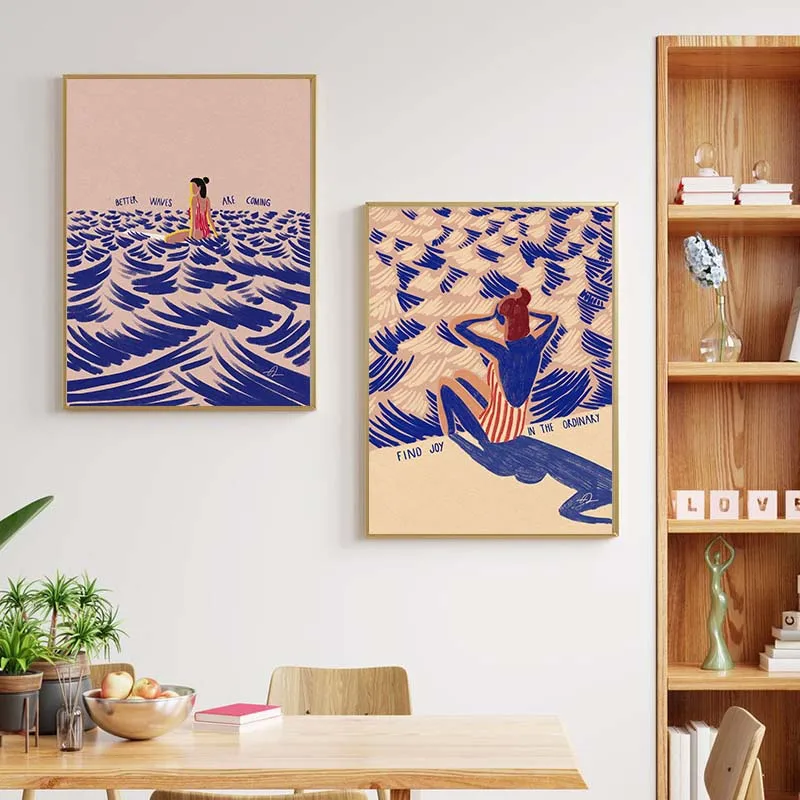 Nordic Minimalistic Art Surfing Paddling Swimming Sea Wave Print Poster Canvas Painting Abstract Wall Art for Room Home Decor