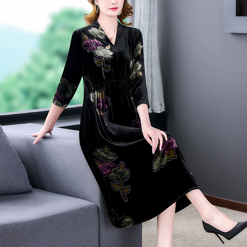 2023 New Fashion Silk Velvet Dress Women\'s Autumn And Winter Versatile Printed Dress French Loose Fit Casual Vacation Vestidos