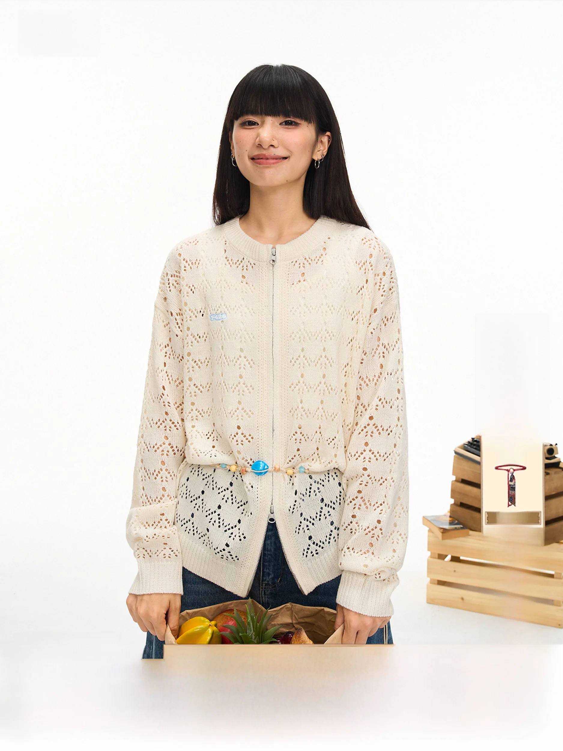 

F426 Store Spring New American Casual Loose Small Logo Hollow out Cardigan Sweater Breathable Long Sleeve round Neck Knittedwear