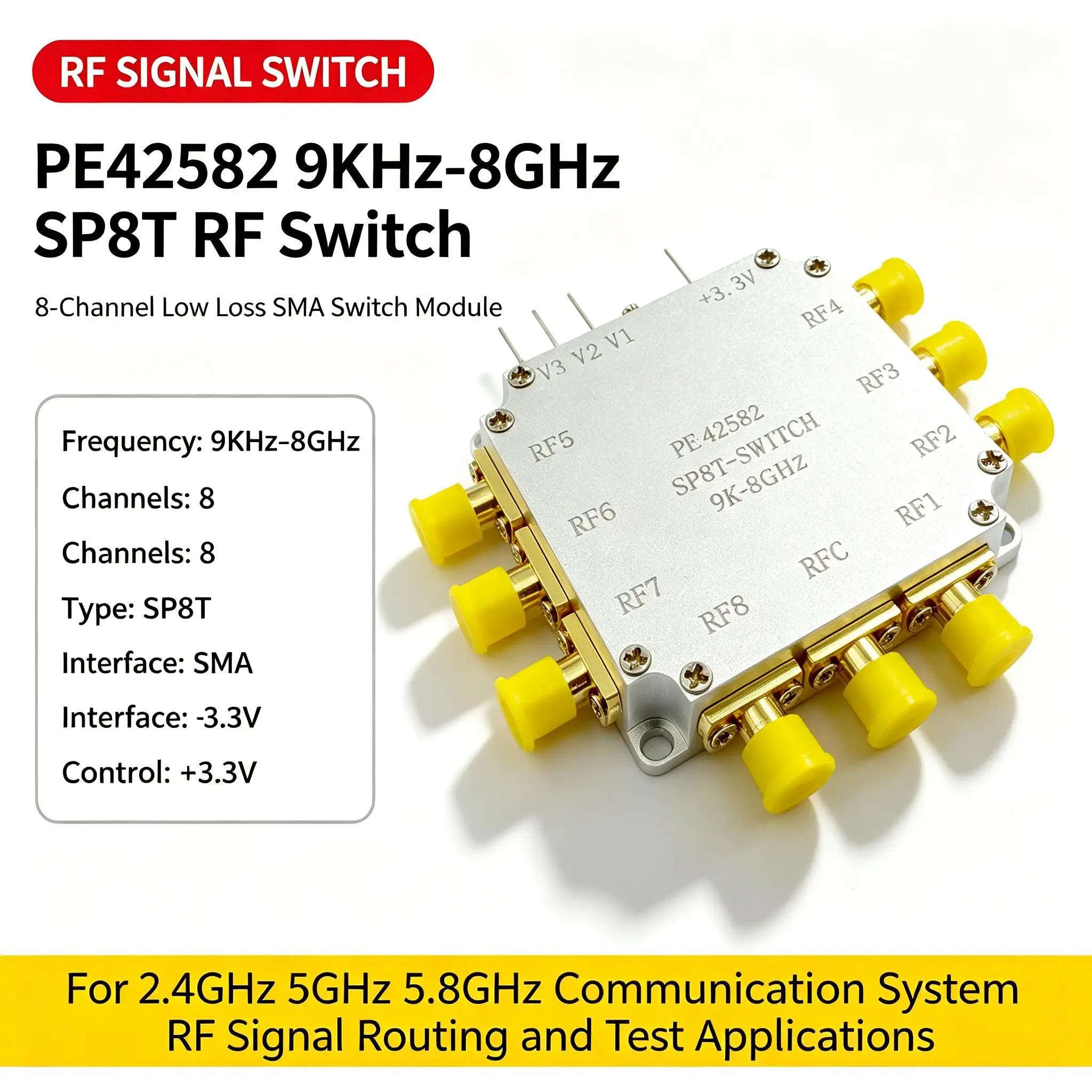 DYKB PE42582 9KHz-8GHz SP8T RF Switch Low Loss High Isolation SMA Test Measurement Wireless Filter Bank Signal Routing Module