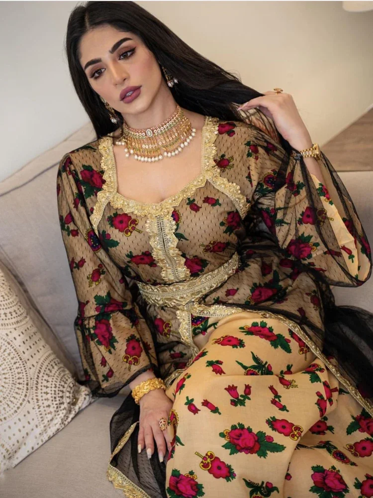 Eid Embroidered Abaya Dress Women Eid Mubarak Middle East Dubai Turkey Moroccan Kaftan Party Robes India Islamic Clothing