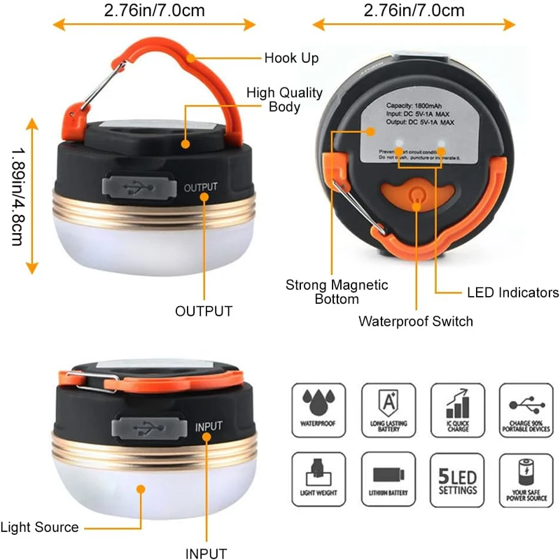 LED Camping Lantern 3Modes COB High Power Portable Rechargeable with Magnet Base Power Bank for Outdoor Emergency Hiking