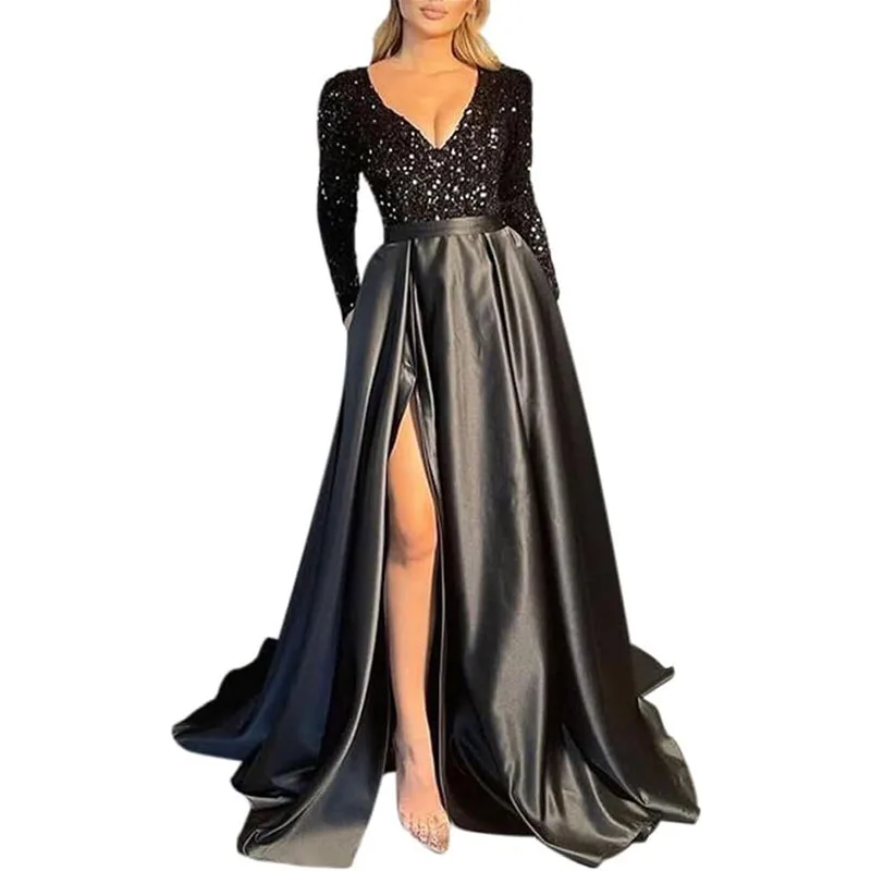

Rjer Long Sleeve Sequin Prom Dresses Satin Ball Gown Slit V Neck Formal Evening Gowns with Pockets