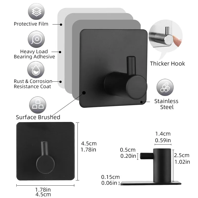 No-Drill Bathrobe Towel Hook, Simple Black Wall Hook for Kitchen Bathroom Shower, Keys Towels Coats and Christmas Wreaths Hook