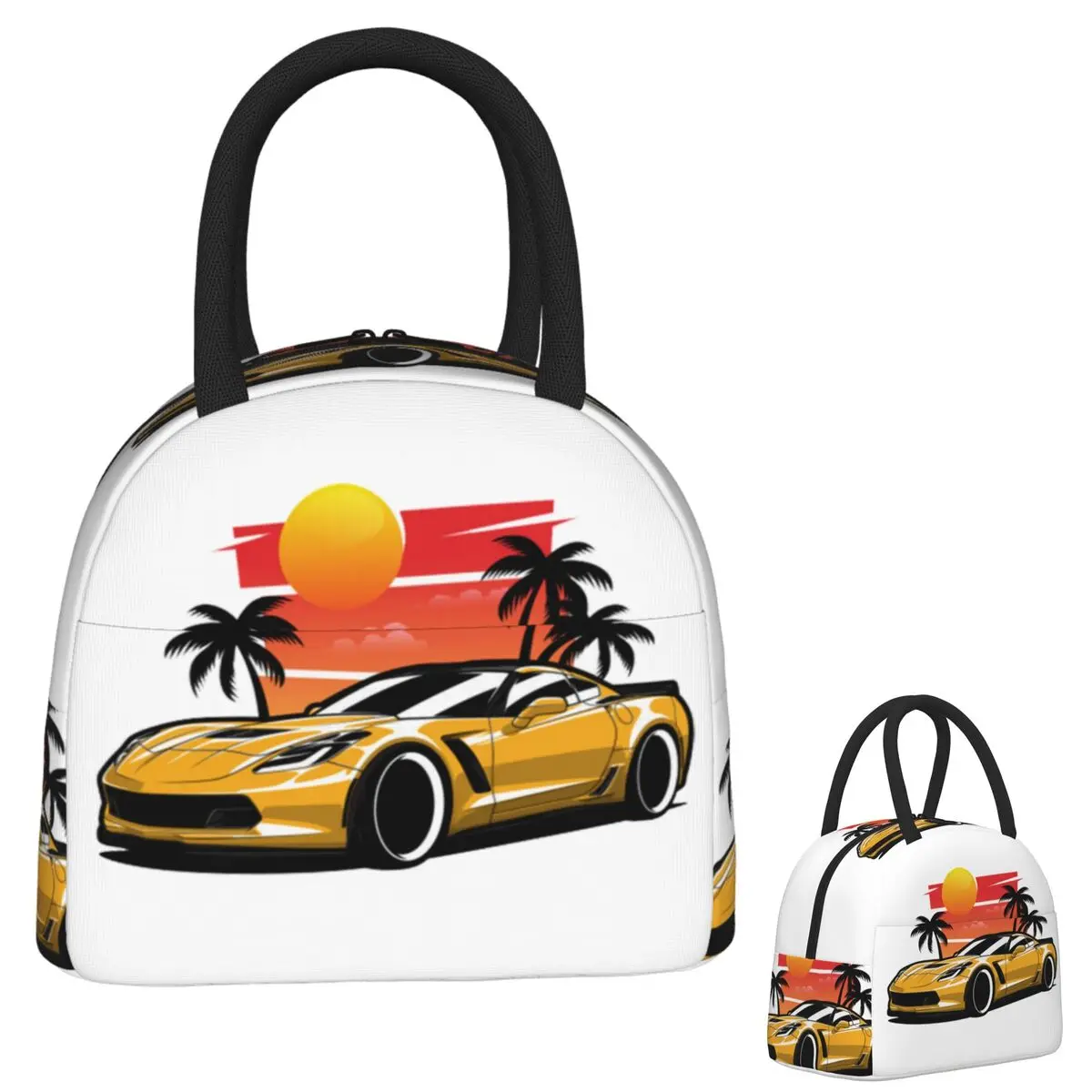 

Yellow Corvette Z06 Sunset Palms Lunch Bags Insulated Bento Box Portable Lunch Tote Picnic Bags Cooler Bag for Woman Student