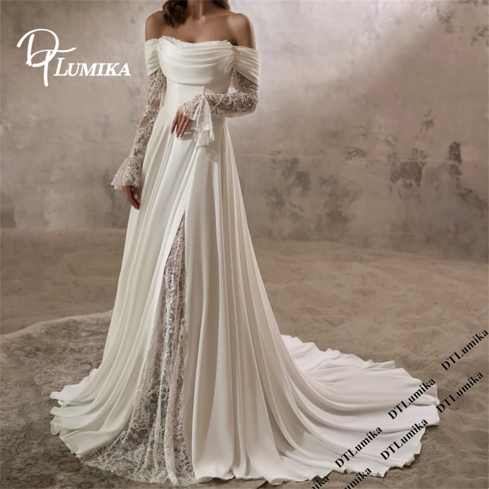 DTLumika Customized Soft Chiffon Wedding Dress Full Off Shoulder Sleeves Lace Details Long A Line Bride Dresses Court Train