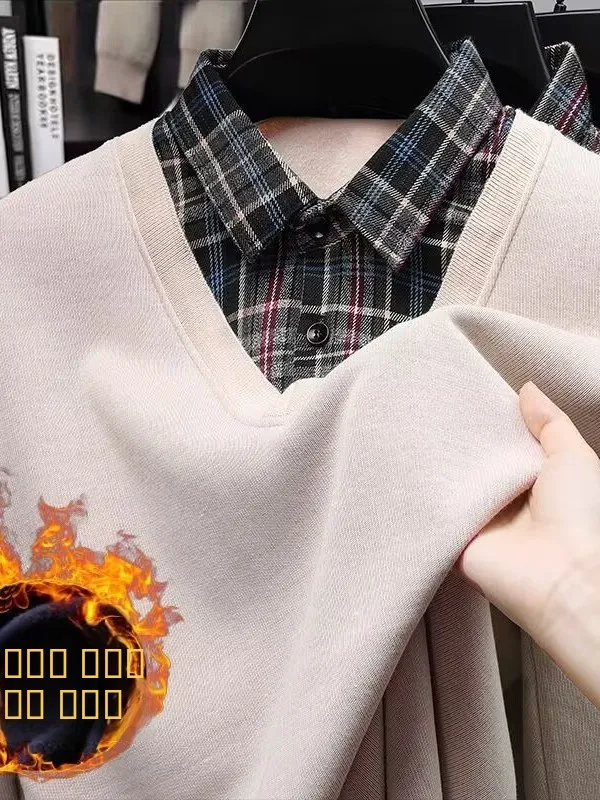 

High-End Men's Knitted irt Collar Sweater Fce Lined Thiened Casual Winter New Sle Middle-Aged Dad Clothes