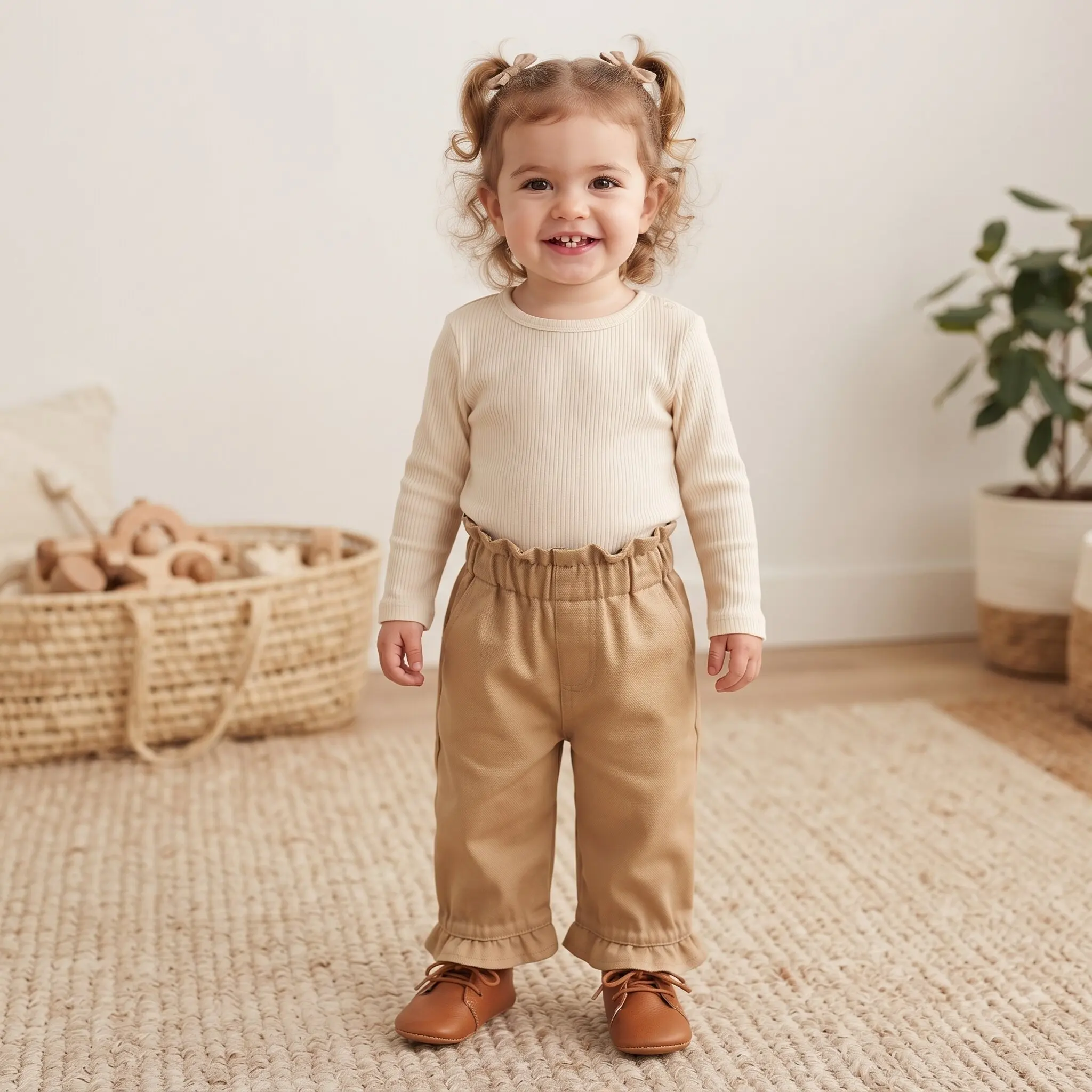 Korean Forest Style Girls Khaki Floral Embroidery Wide Leg Capri Pants,Baby Elastic Waist Ruffle Hem Retro Casual Trousers