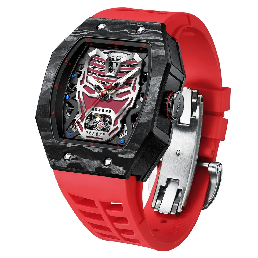 JINLERY Men's Mechanical Sapphire Crystal Skeleton Wrist Watch Automatic Self-Winding Iron Man Design Male Clock Reloj Hombre
