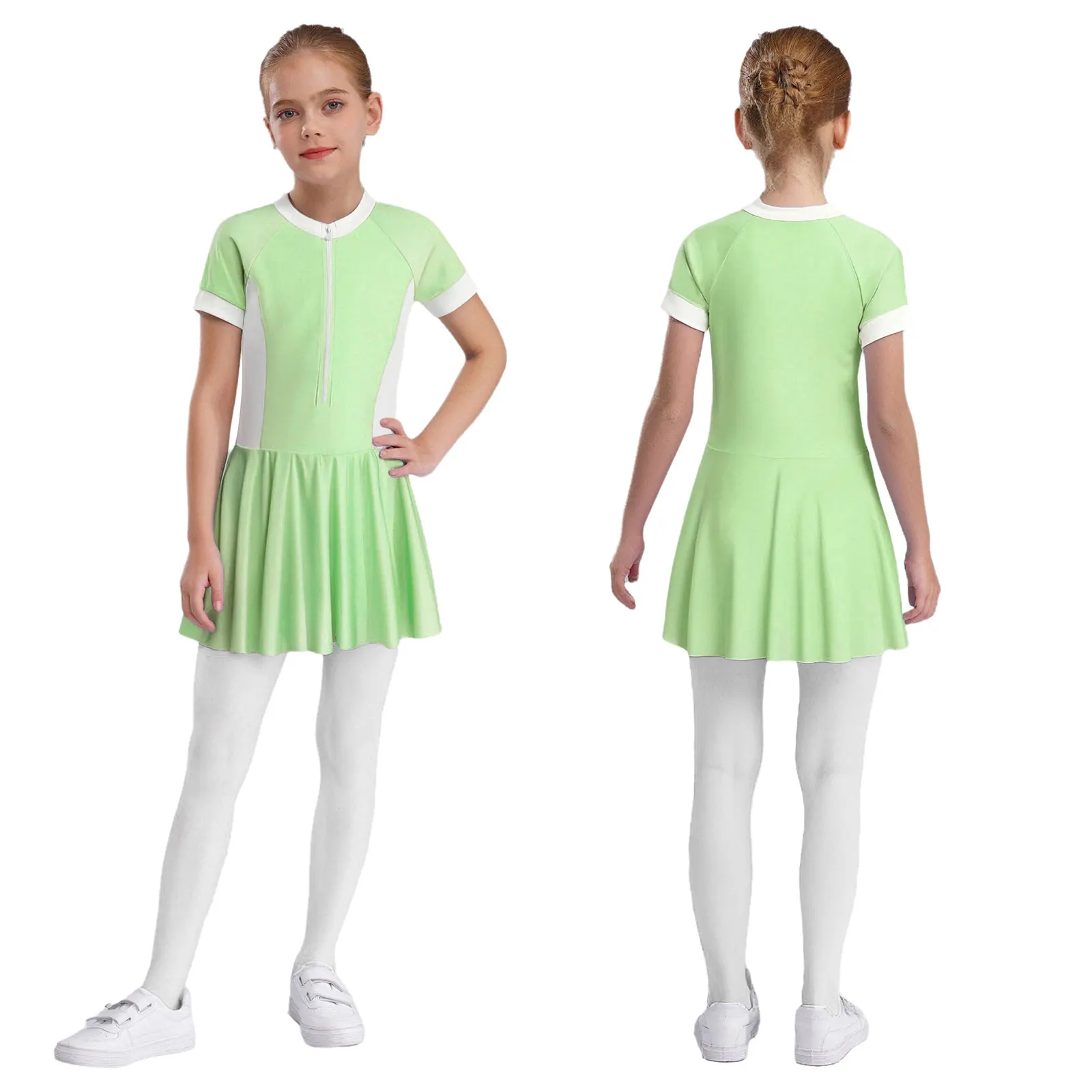 

Kids Girls Front Zipper One Piece Swimsuit Swim Dress with Integrated Safety Shorts Swimwear Beachwear Surfing Bathing Suits