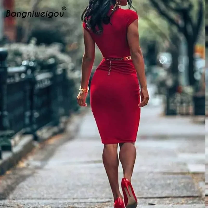 Bangniweigou O-Hals Bodycon Met Korte Mouwen En Effen Schede Dames Elegant Midi-Jurk Herfst Gezellig Stof Feestpak Rood Zwart