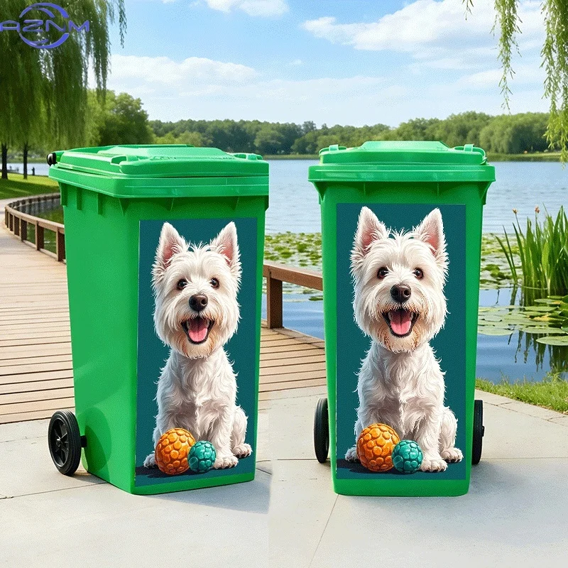 [2D Flat Printing]1pc Trash Can Sticker[Title Translated, Do Not Change] Happy White Dog Playing with Ball Theme Design Wall S