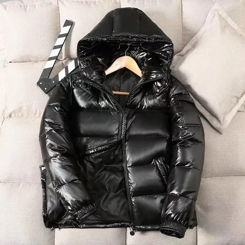 

Men's and women's black shiny down jacket, women's casual duck down jacket with hood, men's outdoor warm windproof jacket