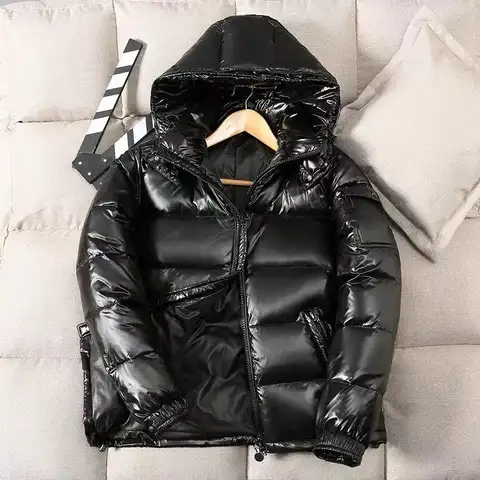 Men's and women's black shiny down jacket, women's casual duck down jacket with hood, men's outdoor warm windproof jacket