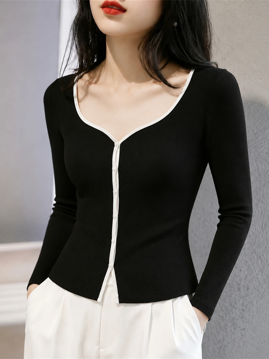 Elegant Long Sleeve Single Button T-Shirt Slimming Classy Autumn High-End Versatile Women's Top Commute Style Straight Cut