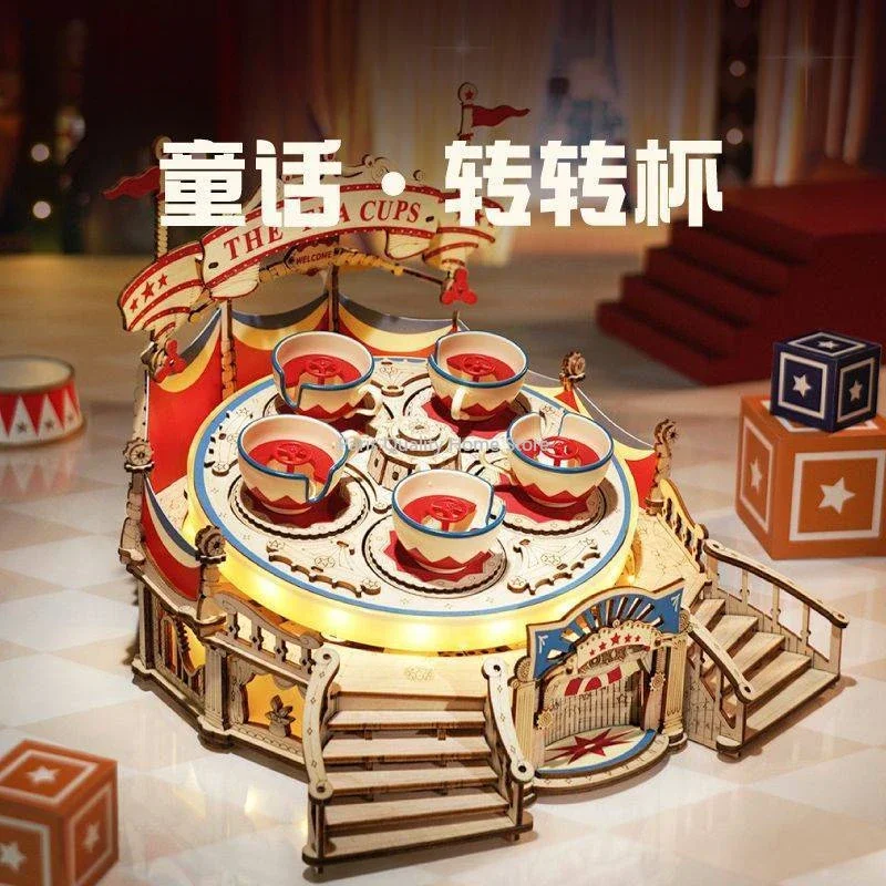 Spin Cup Amusement Park Flying Chair Parachute Mechanical Music Box Wooden Model Creative Holiday Gift