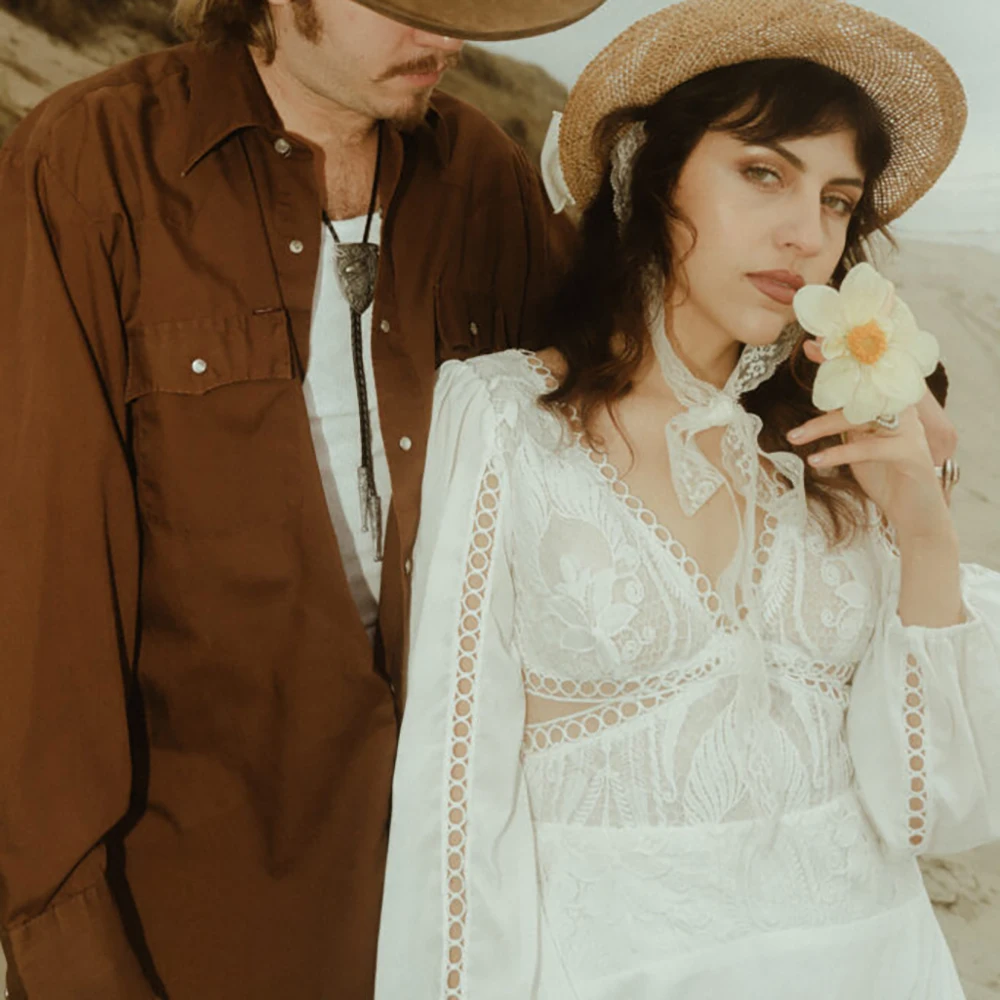 Vestidos de novia personalizados con recorte bohemio, gasa, línea A, encaje, cuello en V, bosque, ligero, mangas largas de obispo, vestido de novia