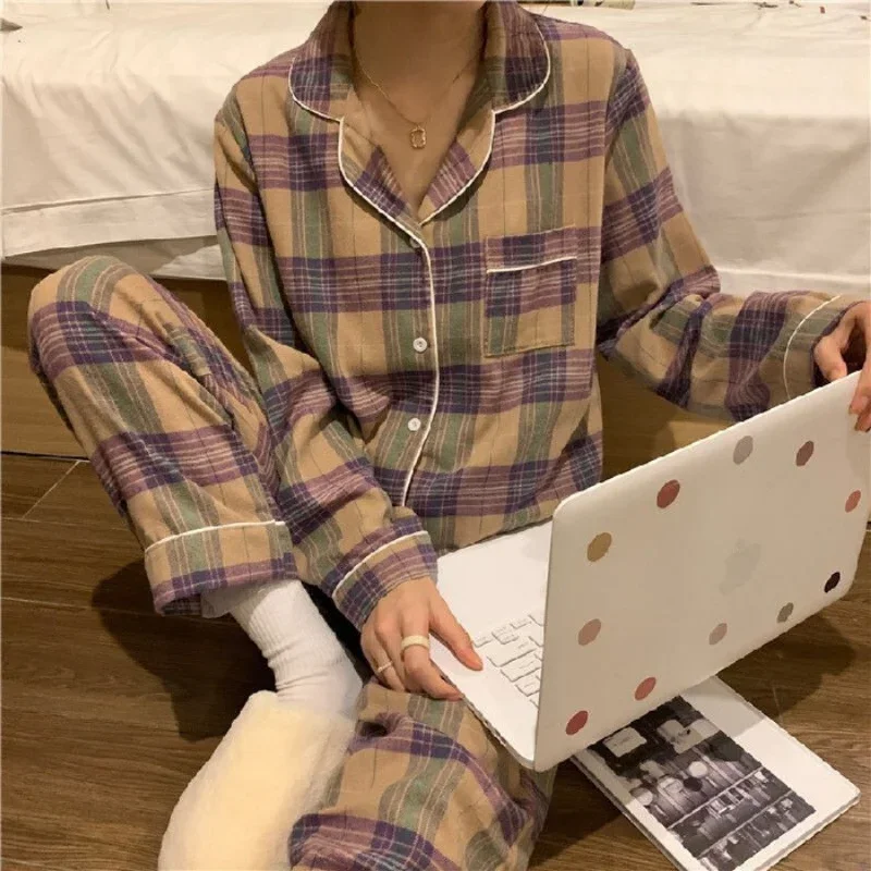 2023 Checked Pajamas trouser suits Korean Style Sleepwear Long Sleeve Cardigan for Women Pyjamas Femme Home and Sleep Clothes