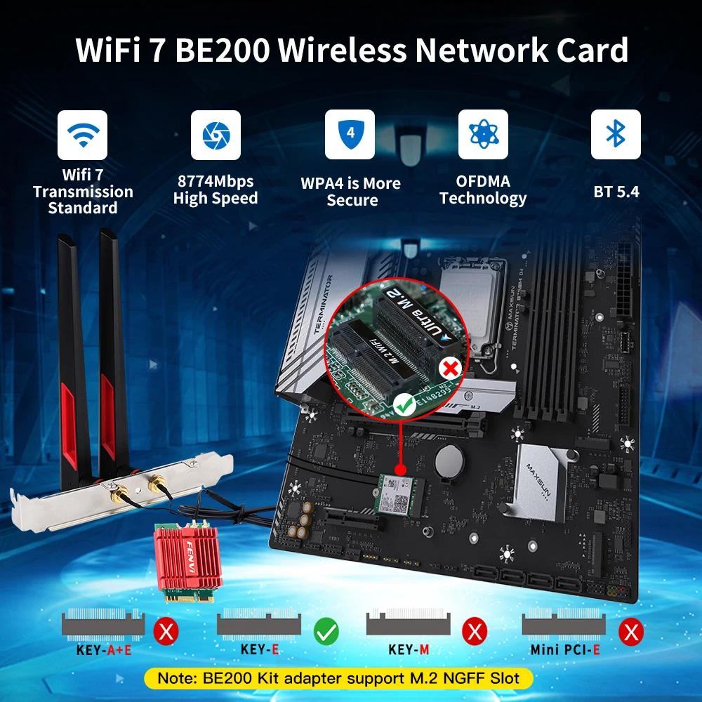 BE200 WiFi 7 M.2 Network Card Bluetooth 5.4 10Dbi Antenna Desktop 802.11AX Tri Band 2.4G/5Ghz/6Ghz Wireless Adapter For Win10/11