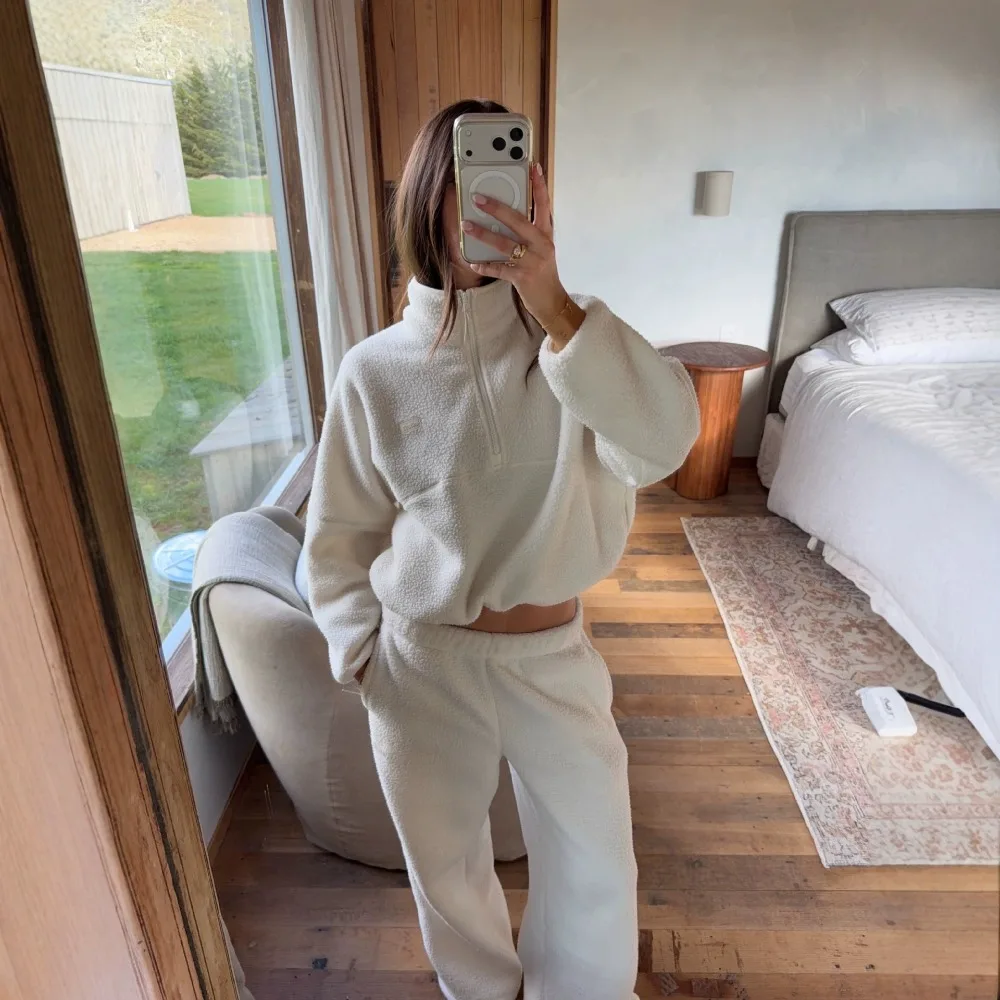 Trend Lamb Wool Soft Warm Hoodie Pants Suit Autumn and Winter Women Sweet Loose Thick Windproof Casual Zipper Sweater Pants 2Pcs