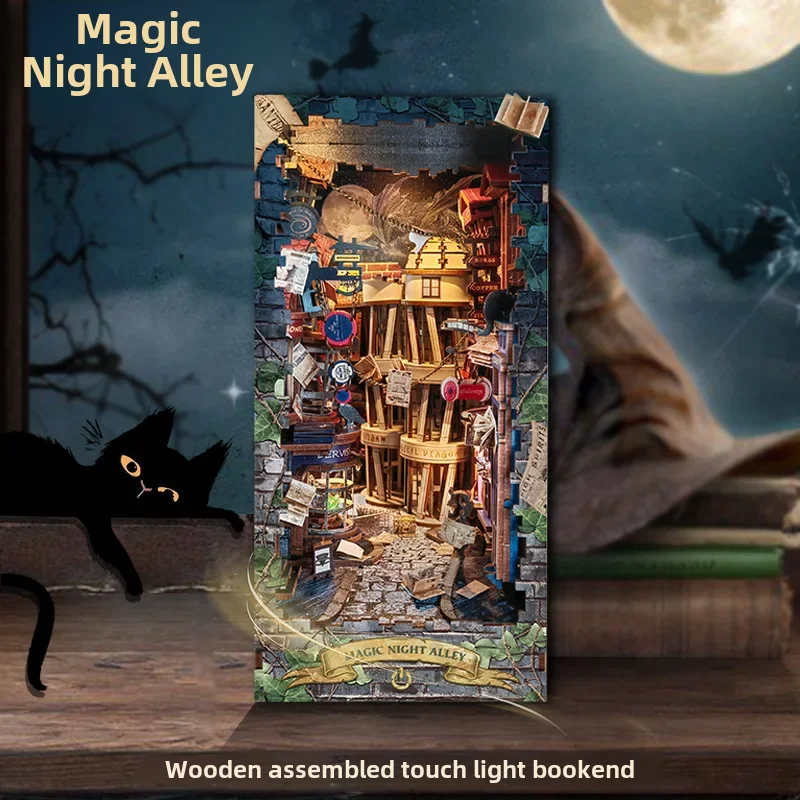 Magic Night Alley Creative Bookstand Desktop Ornament Diy Househandmade Wooden Assembly Light Christmas Gifts