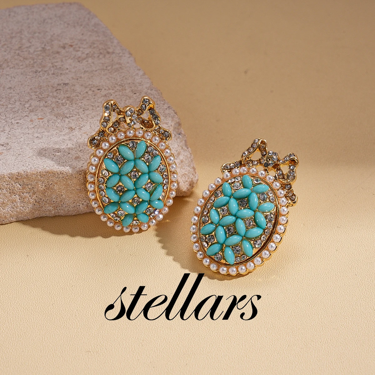 

Vintage Luxe Rhinestone Faux Pearl Resin Bow Stud Earrings Blue Oval Silver High-End Feel Jewelry Accessory