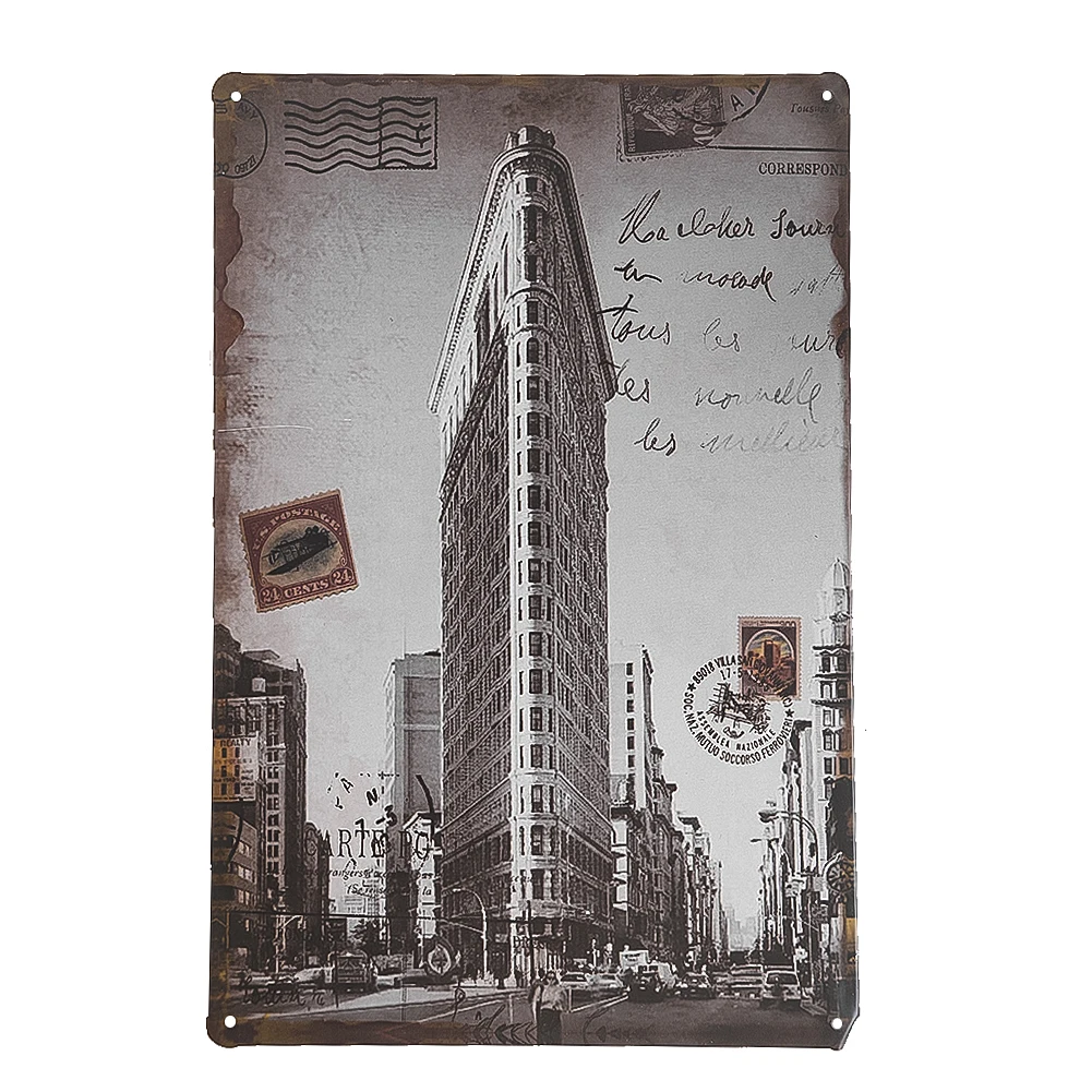 1PC Skyscrapers Metal Painting Urban Architecture Vintage Style Hanging Decoration Supplies Home Wall Crafts Creative Ornaments