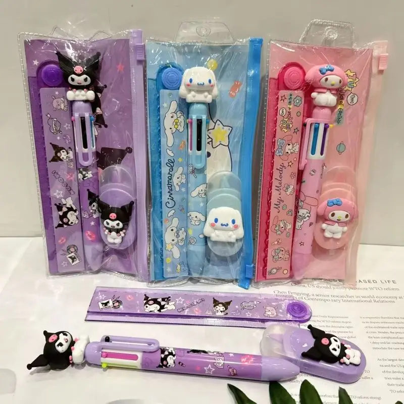 12pcs New Sanrio Kuromi Cinnamoroll Melody Cartoon Multi Color Pen Correction With Ruler Set Student Stationery Set  Wholesale