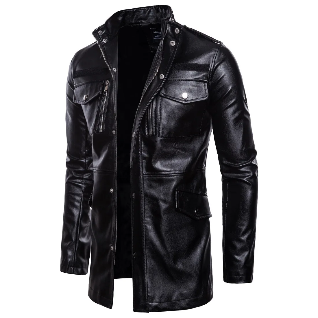 Chaqueta de cuero de longitud media para hombre, cuello alto, cuatro bolsillos, motociclista, Otoño, nuevo