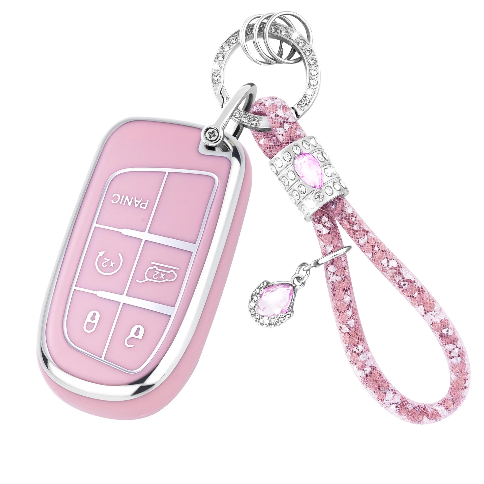 

Cross-border hot-selling silver edge pink car key cover car keycase pendant keychain