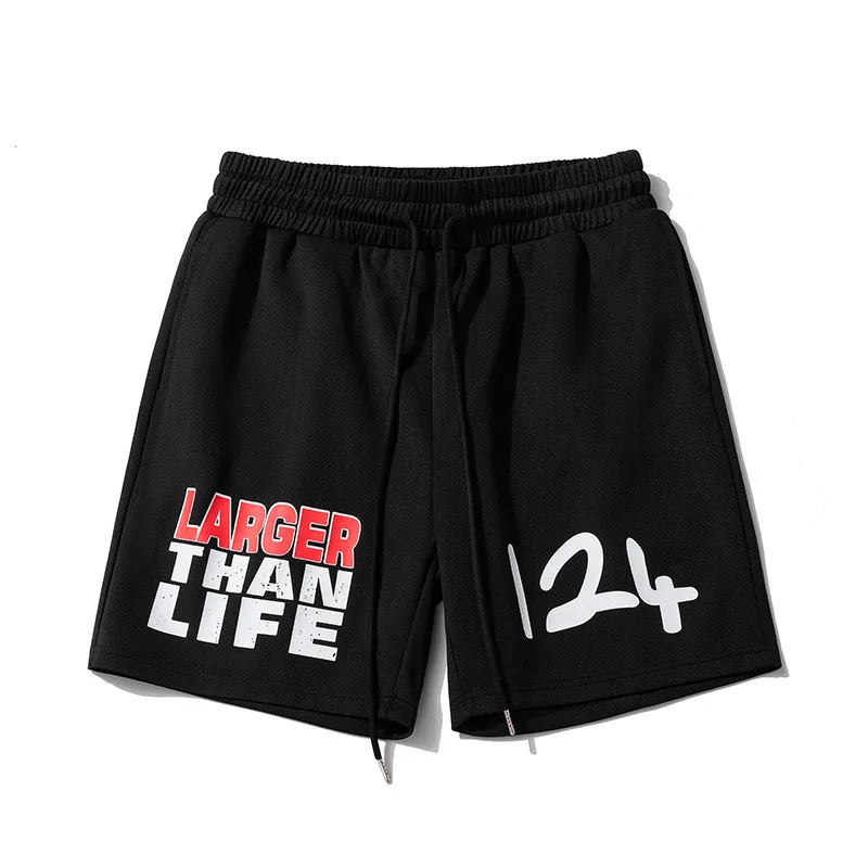 2025 new summer sports shorts men's American street loose and versatile wide leg pants drawstring five quarter pants trendy men