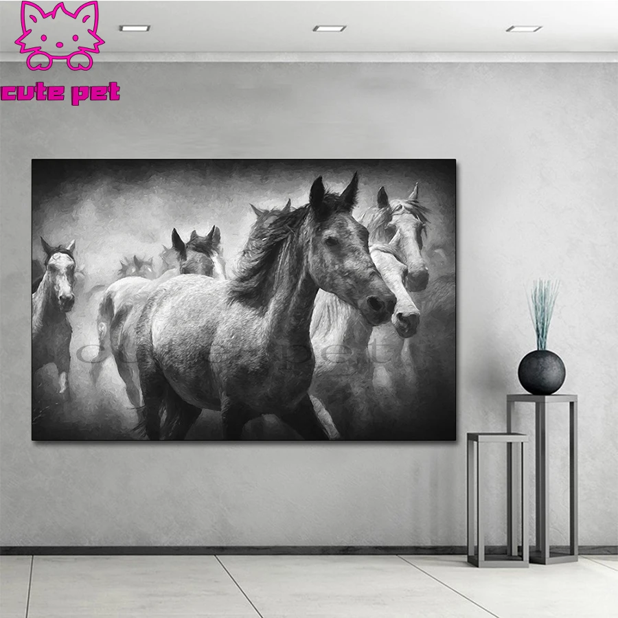 5D DIY diamond painting Modern art, black and white galloping horse  cross stitch full square round diamond Emeroidery mosaic