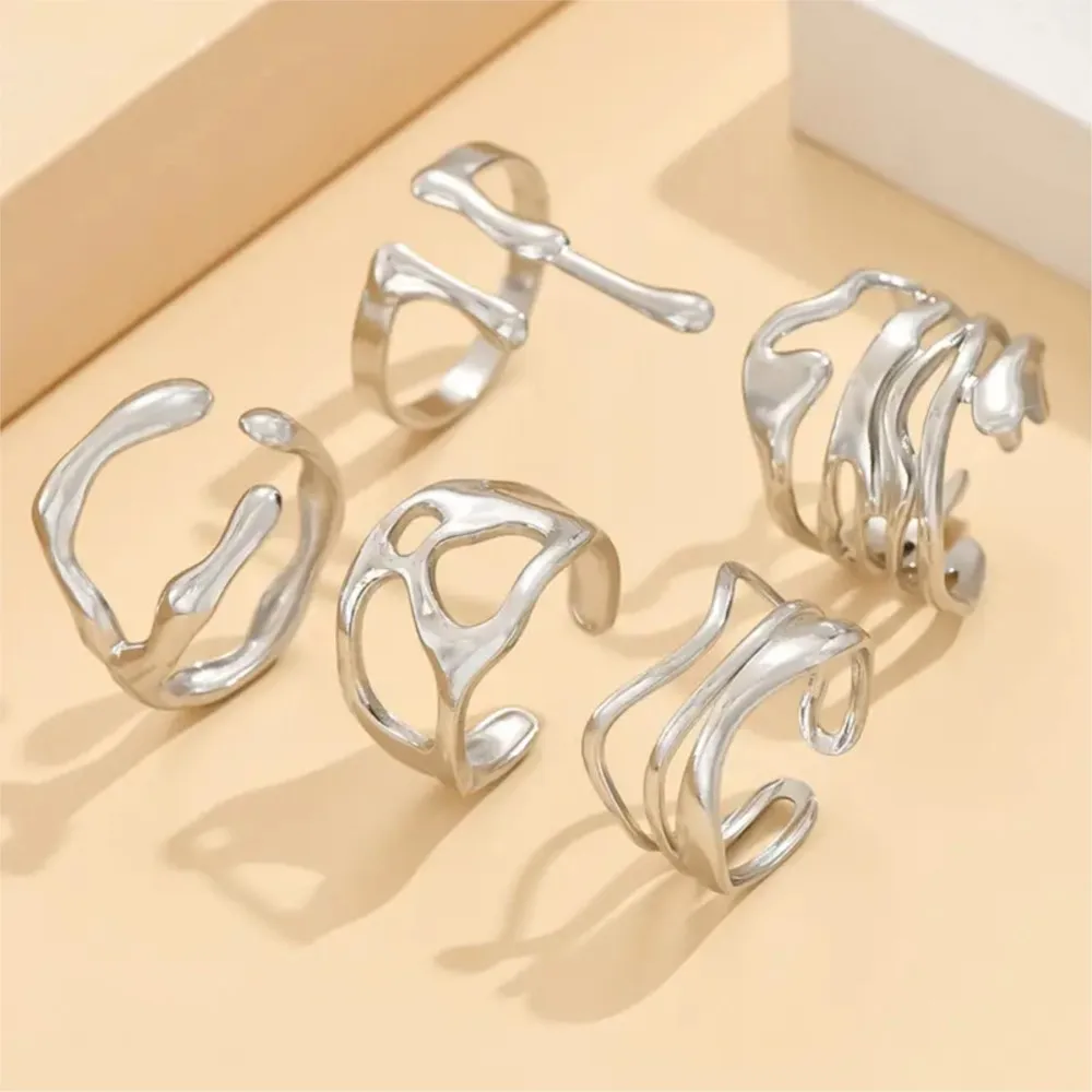 Anillo abierto de textura Irregular de moda de acero inoxidable para mujer, accesorio de joyería de moda hipoalergénico de diseño único